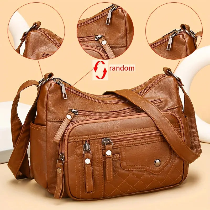 (Buy 1 Get 2 Free) Soft Vegan  Large Capacity Multi Zipper Leather Shoulder Bag